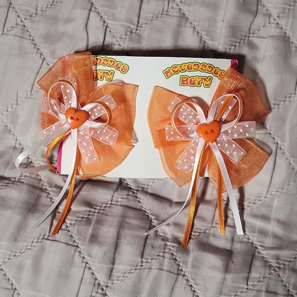 Handmade Girls Orange/White Smiley Face Ribbon Hair Clips Set